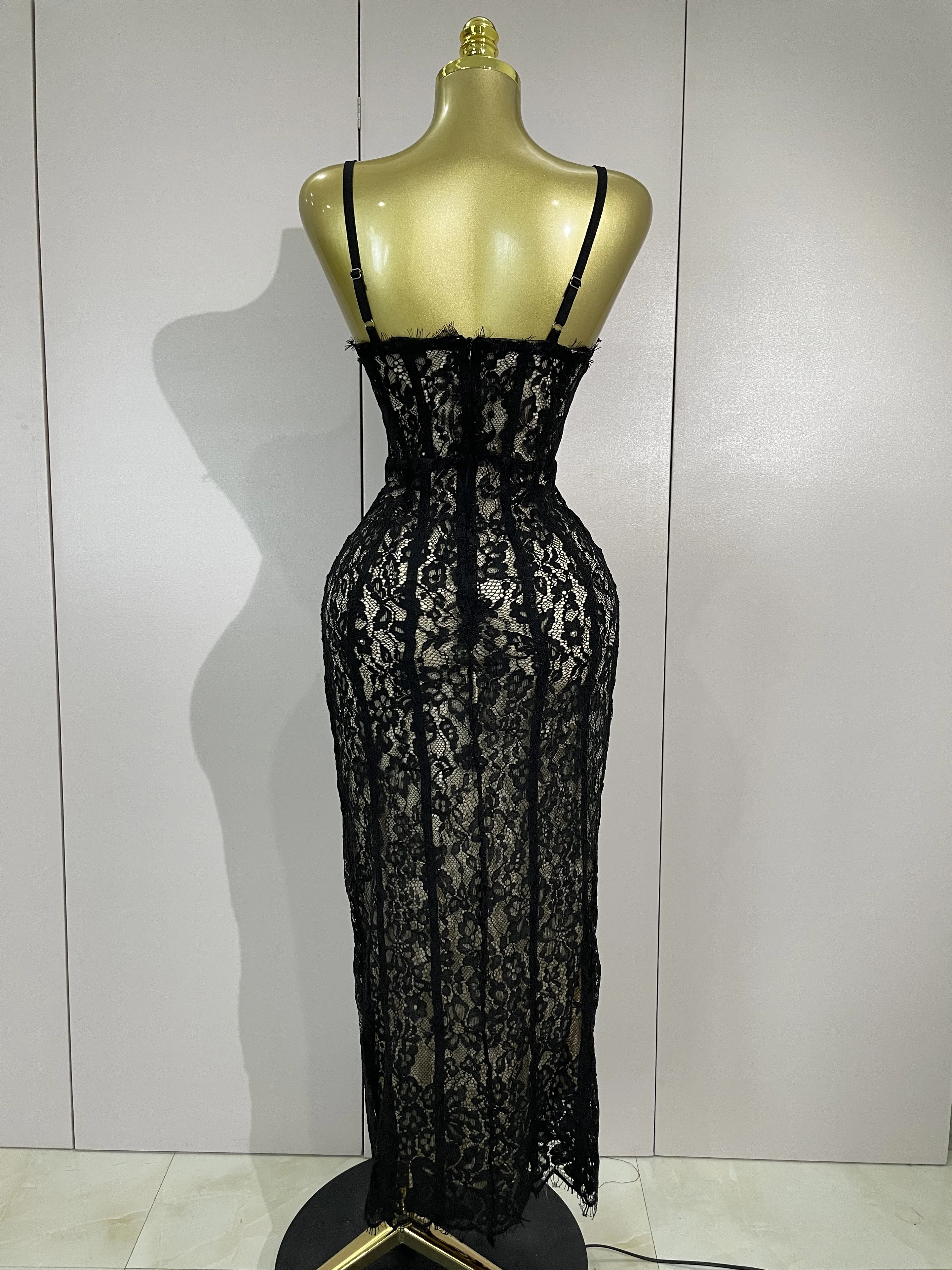 Sexy Black Lace Sleeveless Bodycon Long Dress Nightclub Party Women Celebrate Birthday Evening Party Wedding Guest Prom Gowns