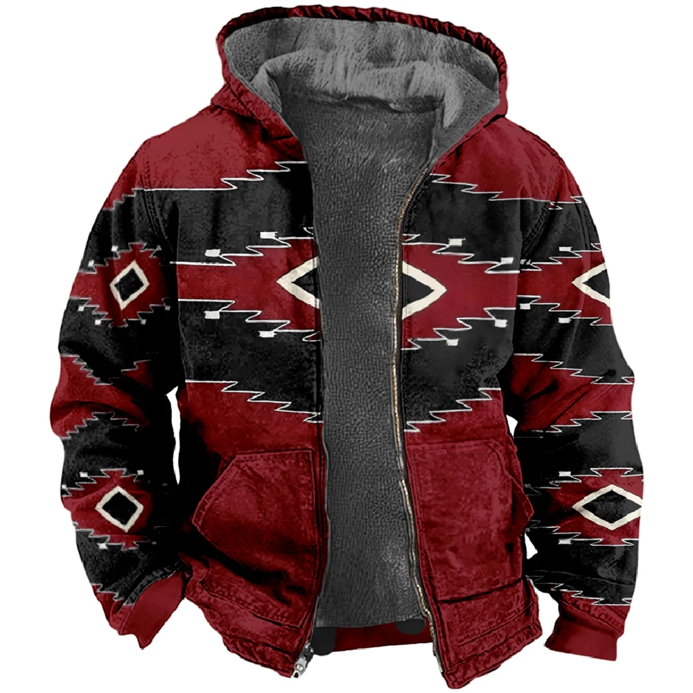 Men\'s Winter Jackets Fleece Male Coats Warm Hoodies for Men Tribal Native American Pattern Outerwear Chamarras Para Hombre 2024