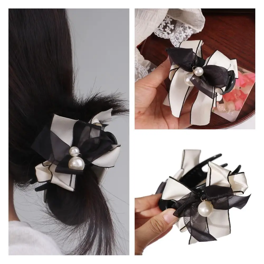 

Pearl Bowknot Hair Claw Korean Style Mesh Bowknot Vertical Clip Banana Clip Crab Clip Bowknot Ponytail Holder Straight Hair