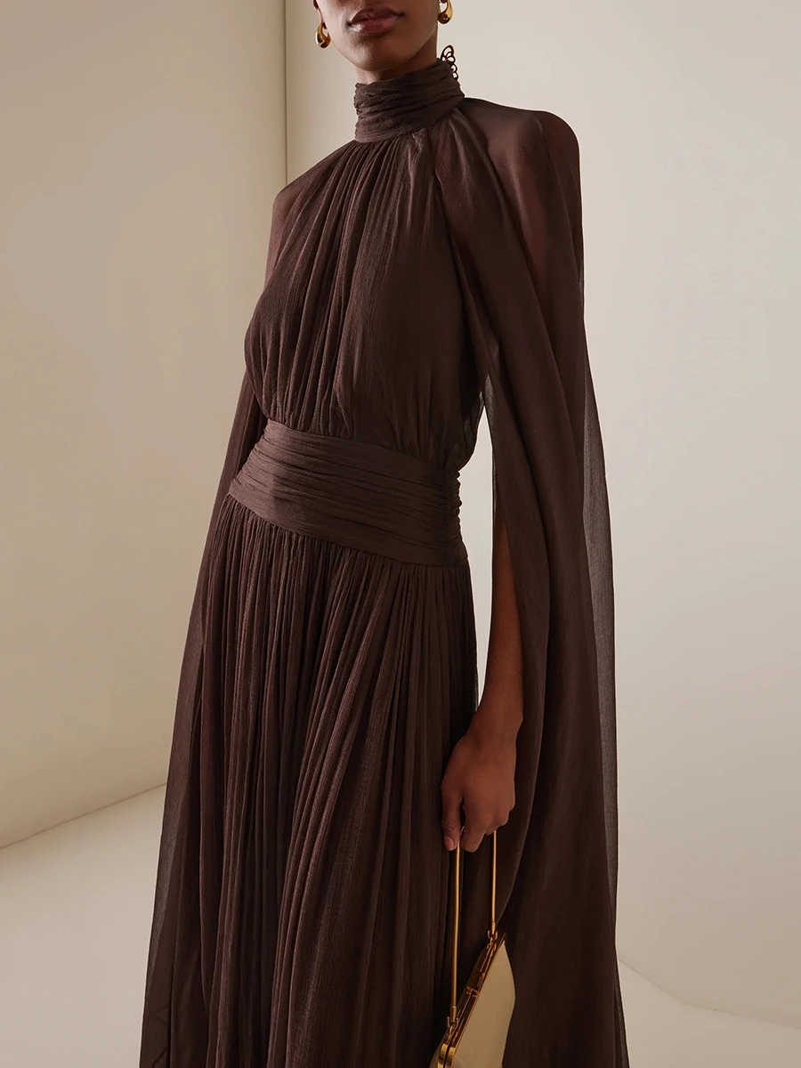 TWOTWINSTYLE solide minceur épissé plis tempérament robes pour femmes col haut manches longues dos nu robe transparente femme nouveau