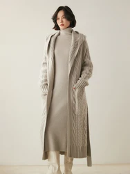 Maglione di cashmere 100% da donna di lusso Cardigan lungo lavorato a maglia a trecce Felpa con cappuccio spessa Cappotto lavorato a maglia di cashmere stile casual Autunno Inverno