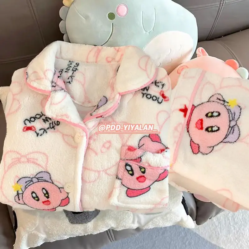 Star Kirby Cartoon Anime Cute Fleece Thick Winter Warm Women Pajamas Set Top and Pants Soft Pijamas Student  Casual Home Suit