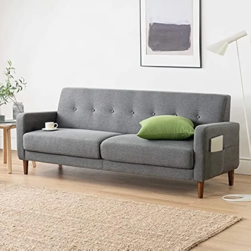 Mid-century Modern Sofa Sofa with Armrest Pockets, Tufted Linen Fabric, Deep Heather Grey