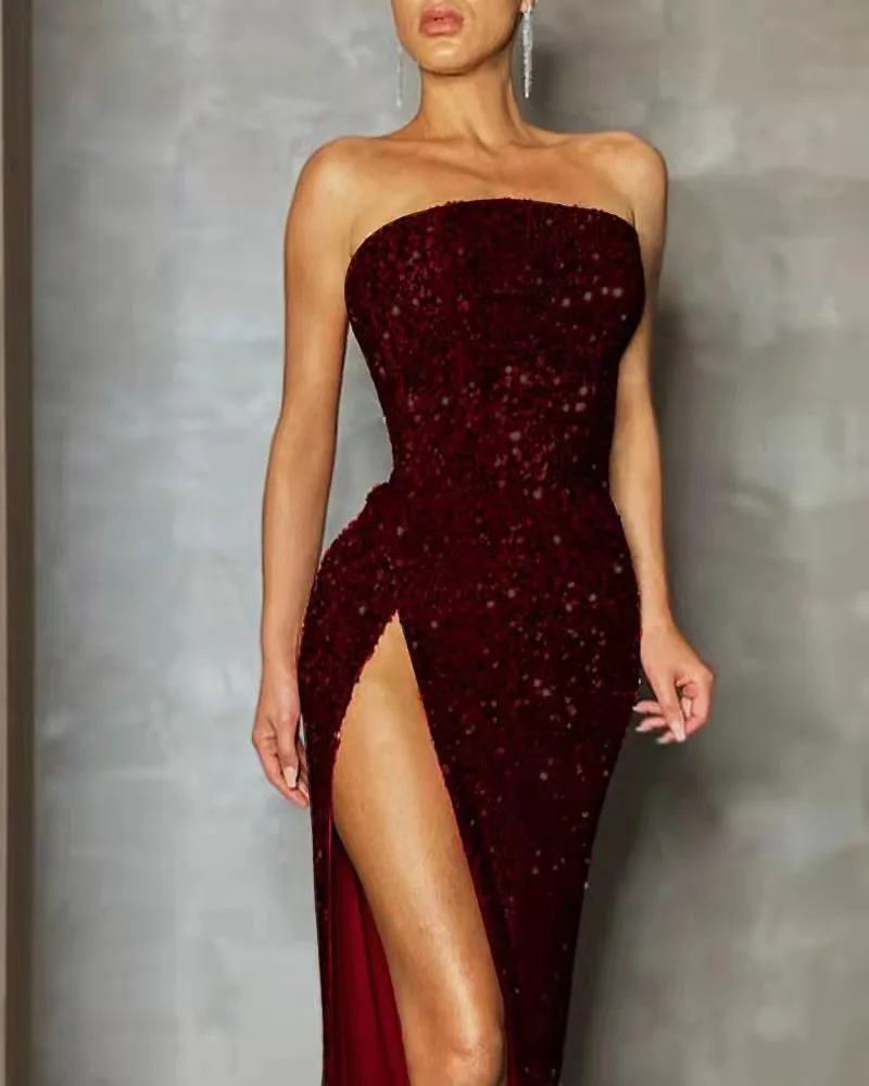 Split Sexy Party Dress Women Strapless Sparkling Sequin Backless Sexy Evening Dresses Summer Bodycon Elegant Robe Maxi Dresses