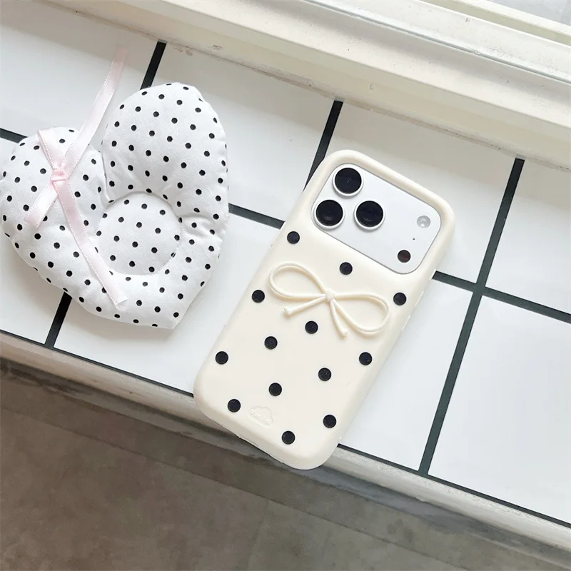Koreanische 3D Weiße Schleife mit Schwarzen Punkten Weiche Silikon-Handyhülle für iPhone 17 16 15 14 13 Pro Max Stoßfeste Schutzhülle