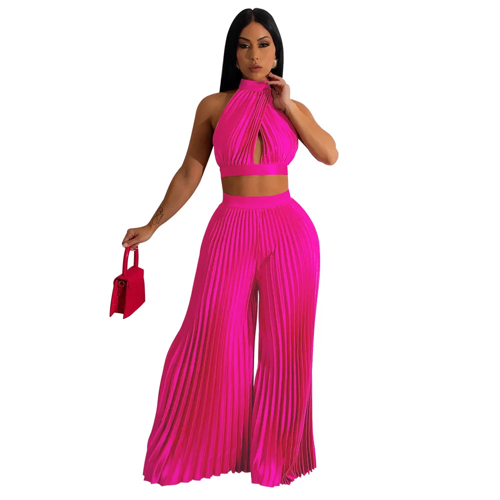 

Women's New Solid Color Neck-hanging Sleeveless Lace-up Sexy Halter Simulation Silk Pleated Wide-leg Pants Two-piece Set