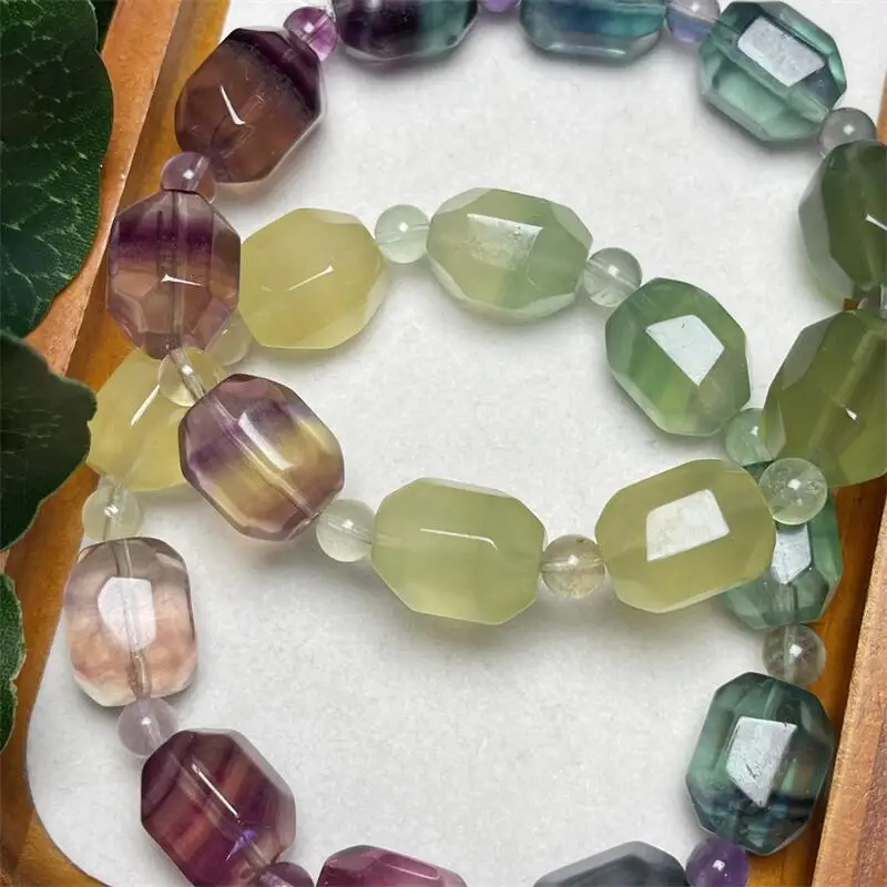 

12X17MM Natural Gradient Fluorite Freeform Bead Bracelet Healing Fengshui Gemstone Round Beads Jewelry Couple Holiday Gift 1PCS