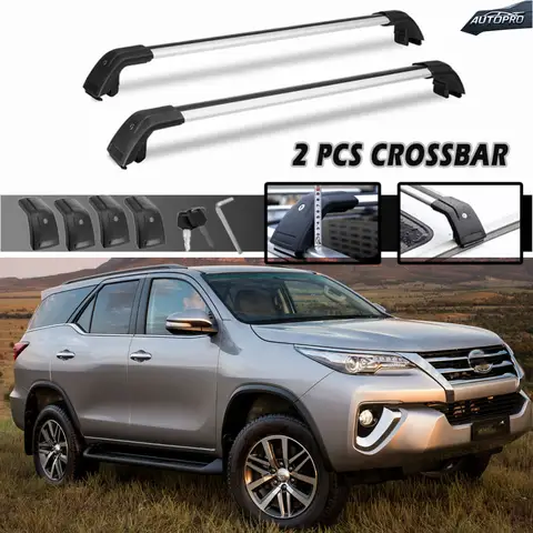 2PCS 크로스 바 지붕 레일 랙 잠글 수있는 조절 가능 Toyota Fortuner 2016-2025 카고 바 블랙 및 실버에 적합