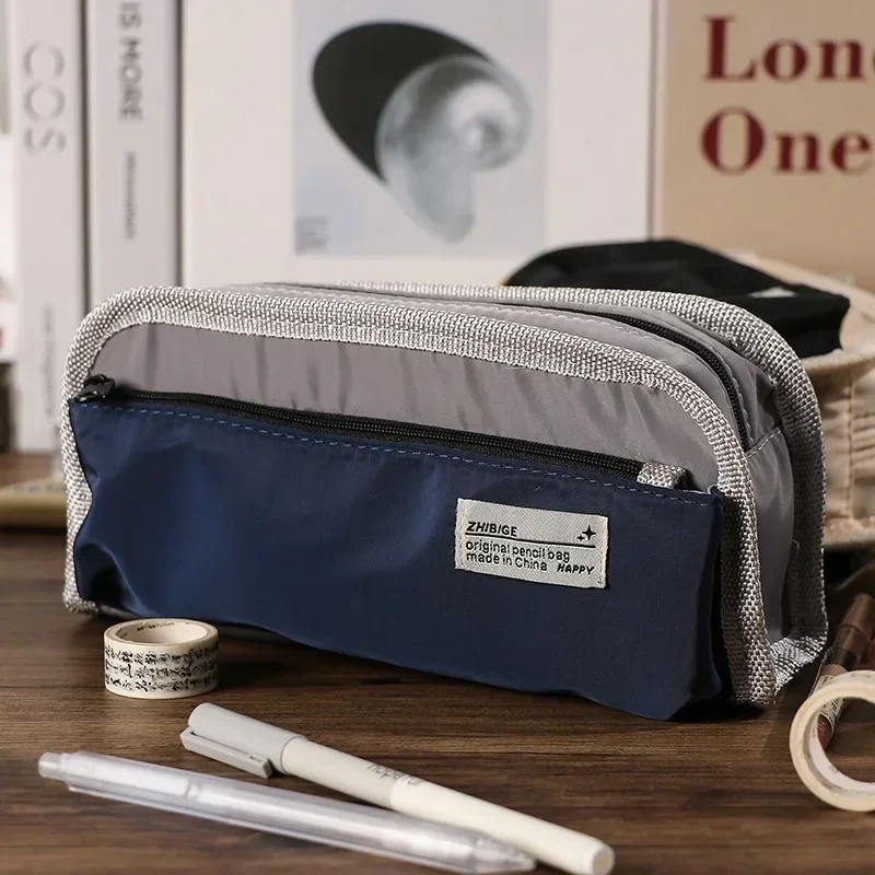 Casual Fashion Triple-layer Canvas Pencil Bag Large Capacity Pencil Case Pen Pencil Holder Student Stationery Organizer