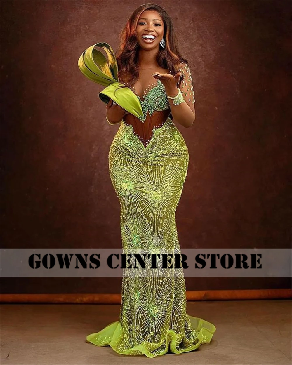 Avocado Green Long Sleeve Aso Ebi Mermaid Evening Dresses African See Thru Beads Wedding Party Dress Formal Gown Customized