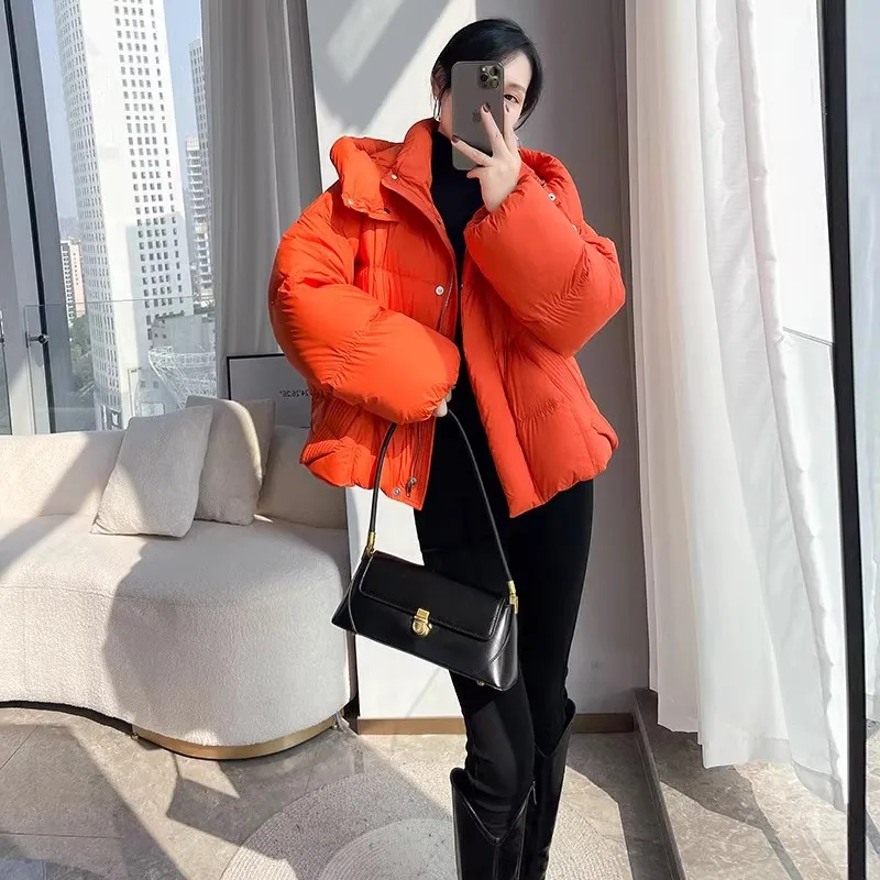 Orange Hooded Thick Down Jacket Women's 2025 Winter New Korean 90 White duck down Warm Coat Female Loose Short Casual Outwear