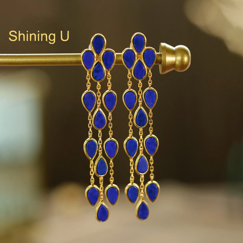 

Shining U Vintage S925 Silver Waterdrop Lapis Lazuli Malachite Drop Earrings for Women Fine Jewery New Chinese Style Gift