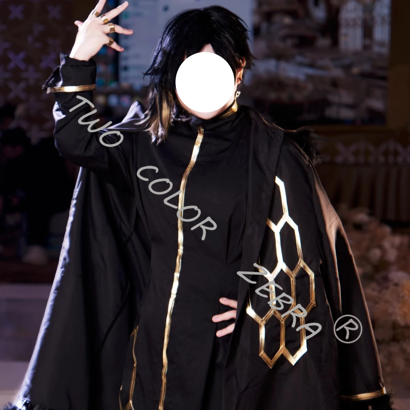 Library of Ruina Binah Cosplay Costume Black Fantasy Cloak with Fur Trim and Gold Geometric Medieval Cos Cape Wig Set Roleplay - view 2