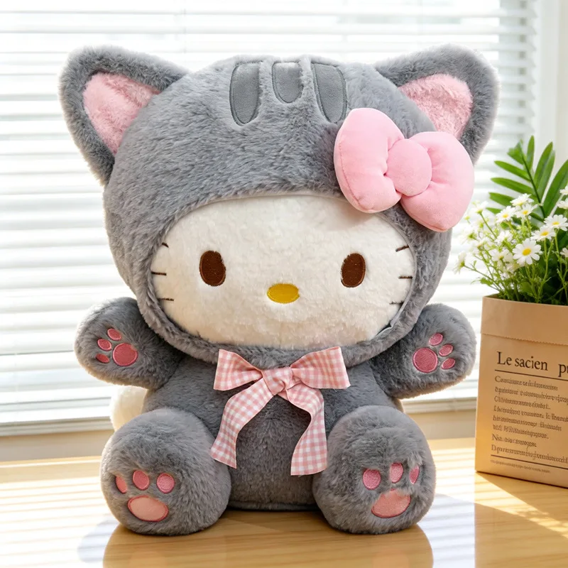 20/30/45/60CM Niedliche Graue Katze Hello Kitty Plüschpuppe mit Kariertem Schleifendesign KT Stofftier Weiches Kissen Heim- und Raumdekoration Geburtstagsgeschenk