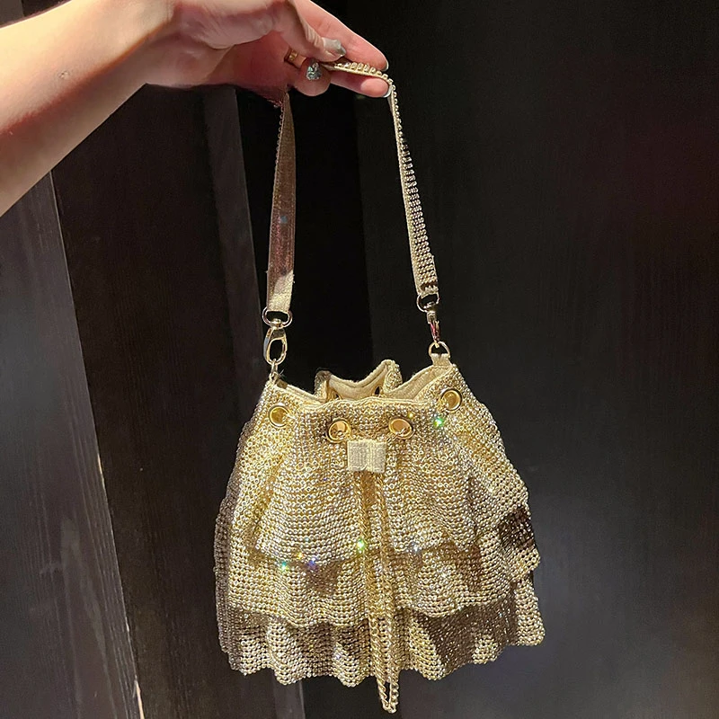 

Women Gold Silver Banquet Handbags New Diamond-Studded Tassel Evening Bags Femme Wedding Purse Dress Beaded Party Bucket Clutch