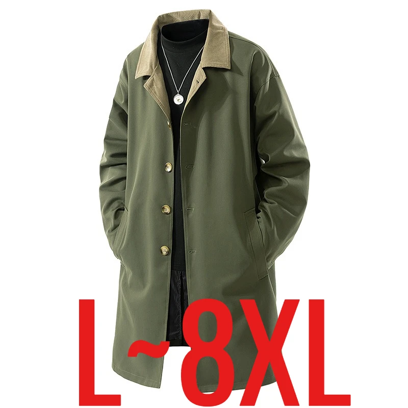 Plus Size 8XL Men Spring Trench Turn Down Collar Long Windbreaker Jacket Male Oversize Big Large Windproof Coat Autumn Outwear