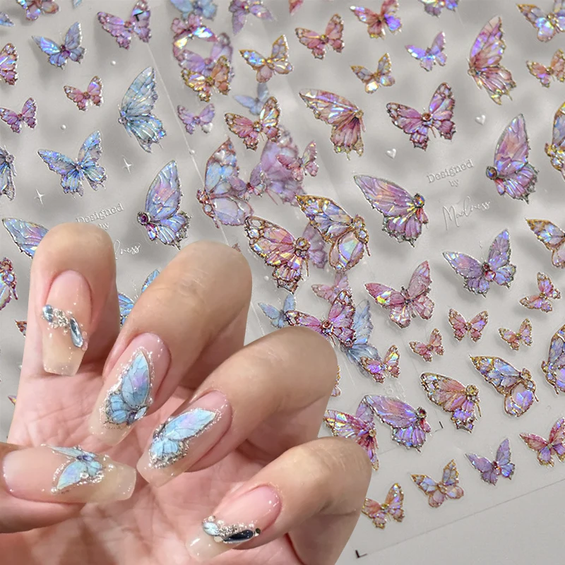 5D Nail Stickers Fancy Purple Pink Butterfly Nail Stickers High Quality Shell Light Design Adhesive Stickers Nail Art Decoration