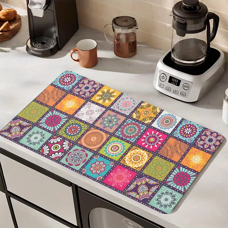Bohemian-Stil Kunst-Küchenmatte Mandala Saugfähige Tischmatte Küchen-Abtropfmatte Rutschfeste Kaffeematte Geeignet für Küchenbereich-Teppich