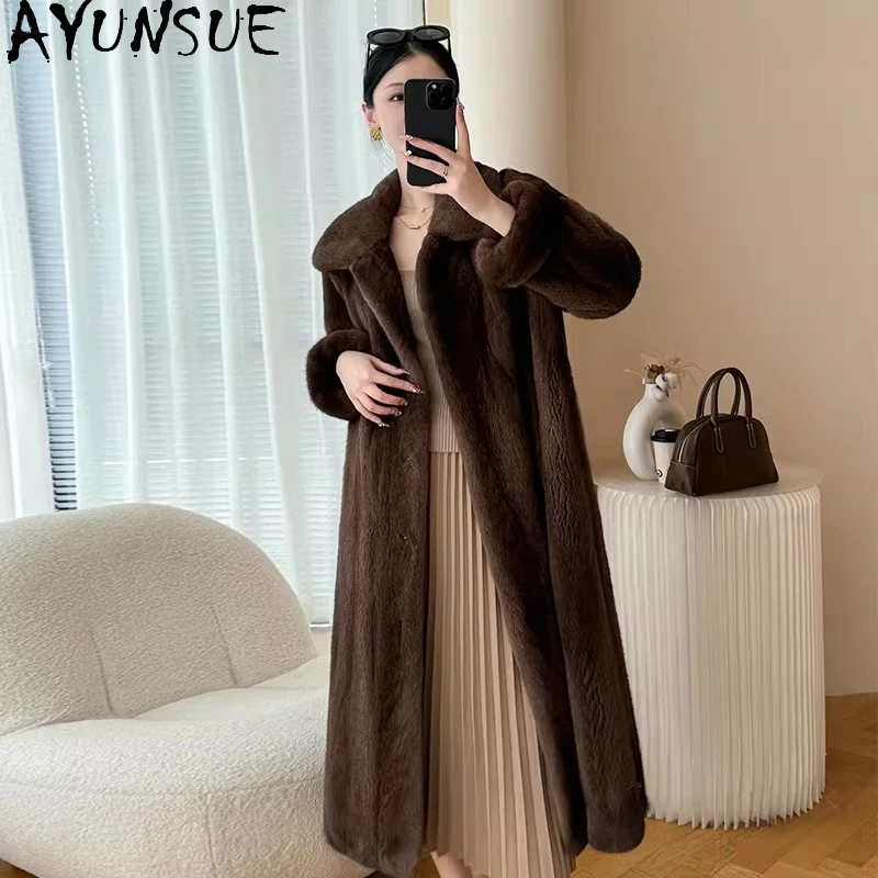 Ayunsue casaco de vison natural de alta qualidade, roupas quentes de inverno para mulheres, casacos de pele real de vison inteiro, comprimento médio, novo em casacos 2026