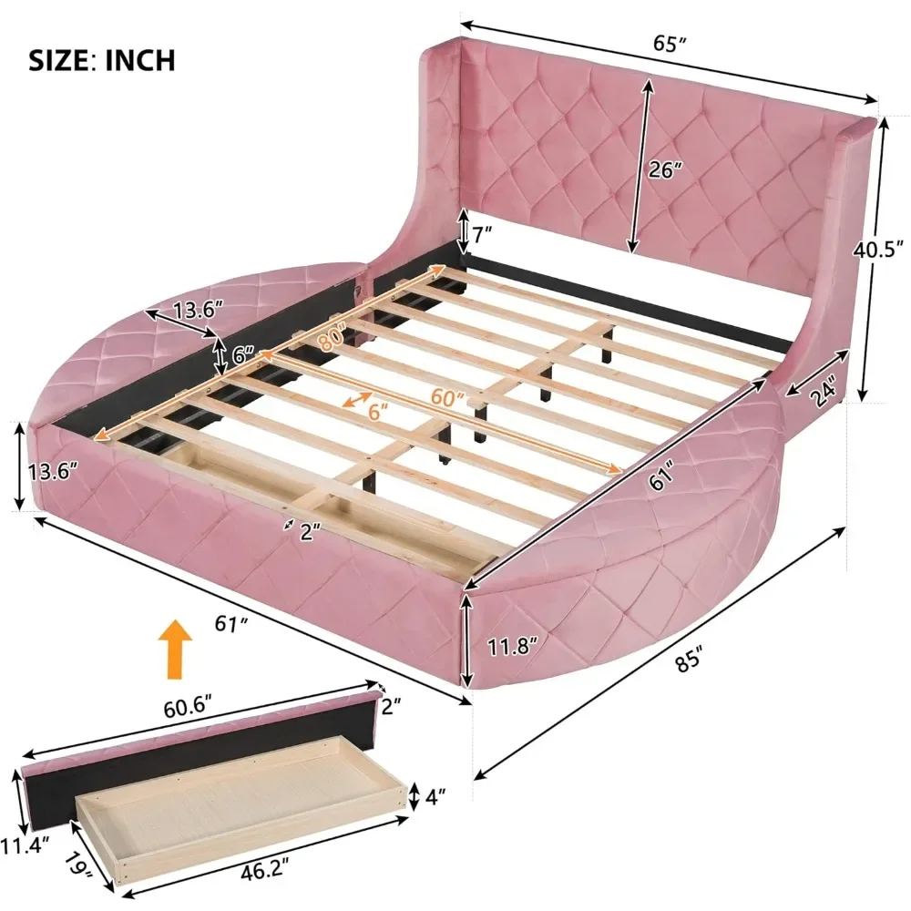 Queen Storage Bed Frame, Deluxe Upholstered Platform Bed with Wingback Headboard and 1 Big Drawer, 2 Side Storage Stool