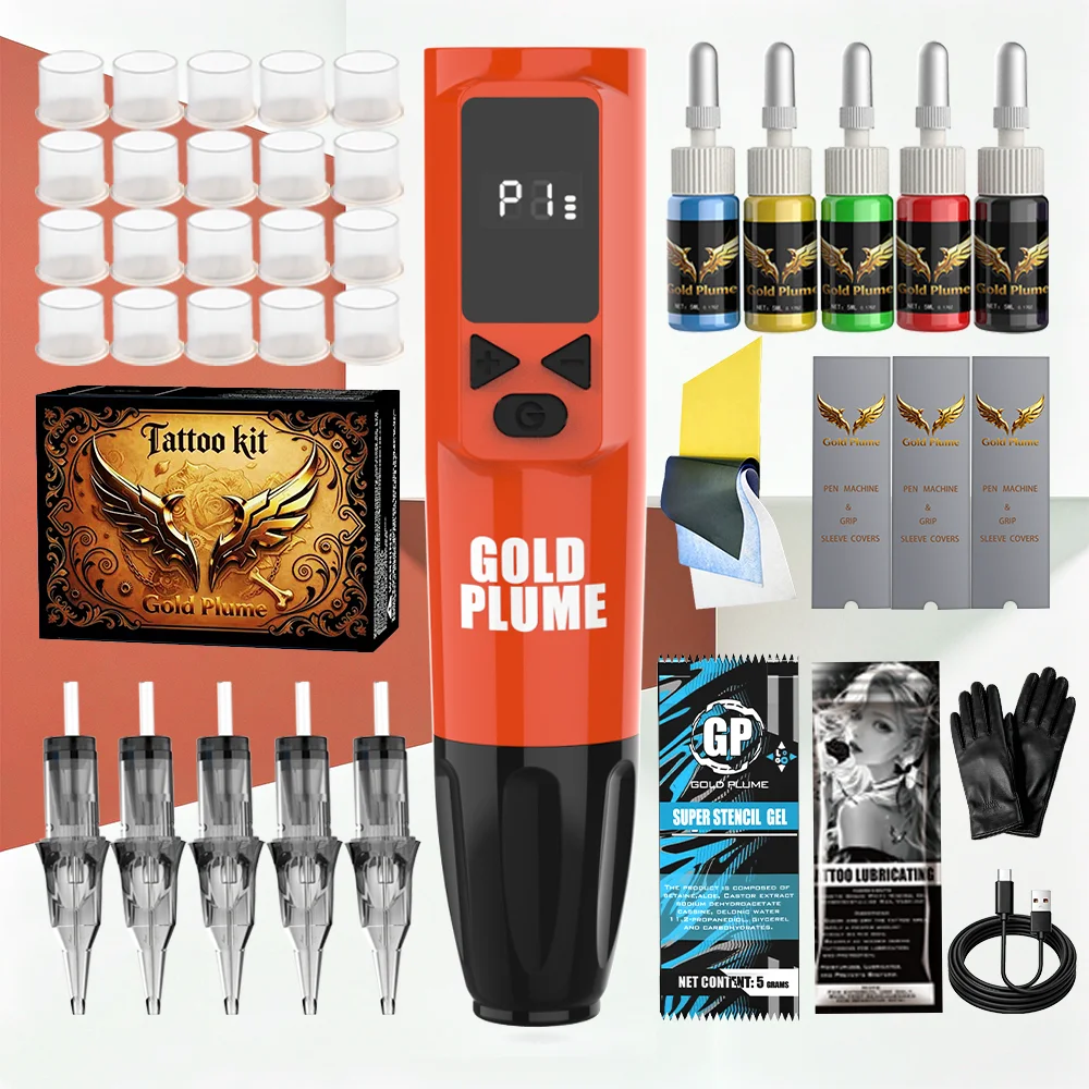 Tattoo Pen Kit with 1100Mah Rechargeable Battery, Complete Tattoo Supplies Set, 5Pcs Tattoo Cartridge Needles & 5 Colors Tattoo Inks, Full Tattoo Accessories for Beginners & Pro Tattoo Artists