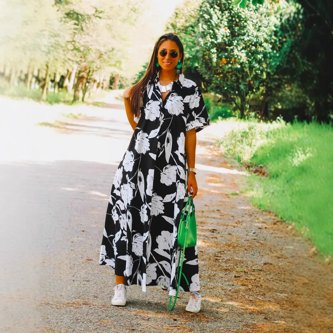Women's Fashion Holiday Casual Turtleneck Robe Long Floral Printed Loose Dress Ladies Turndown Collar Button Long Casual Dress