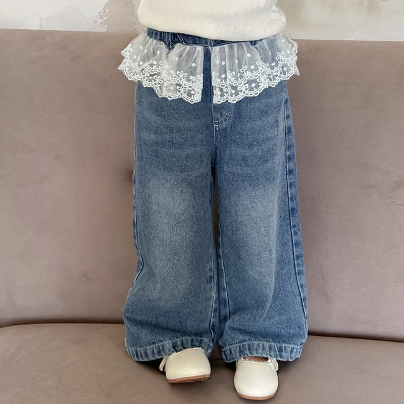 Baby Girls Pants Fashion Lace Loose Straight Jeans 2024 Autumn New Korean Style Childrens Wide Leg Pants