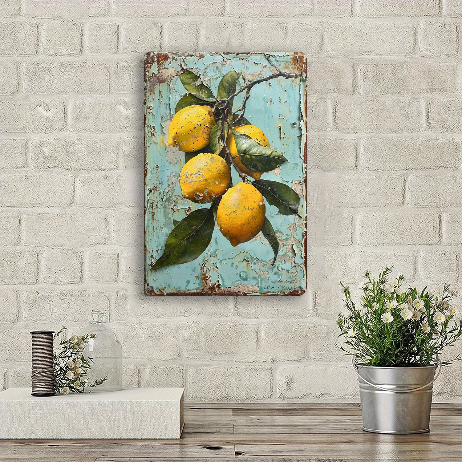 8X12 Inch Metal Wall Decor Featuring Lemon Leaves - a Painted Sign with Yellow Lemons And Leaves, Suitable for Home, Kitchen, Ca