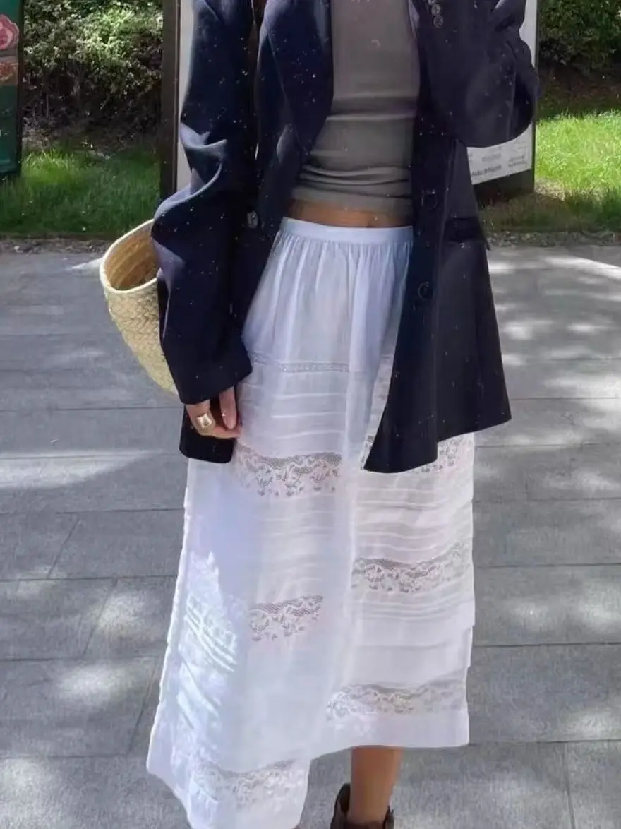 Women Lace Patchwork High Waist A-Line Elegant Skirt