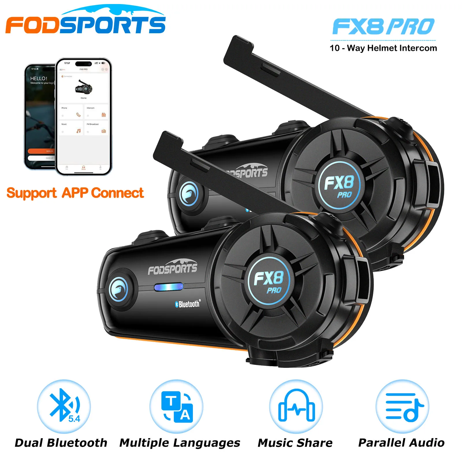 2 Stück Fodsports FX8 PRO Motorrad-Intercom Bluetooth-Helm-Headset, APP-Verbindung, Dual-Core BT5.4, für 8-Wege-Moto-Kommunikation