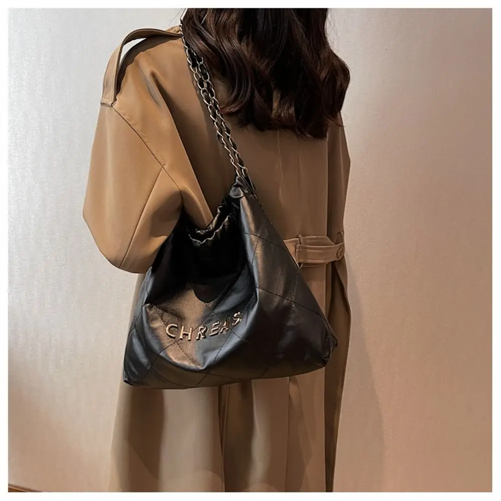 PU Shoulder Bags Casual Solid Color Lattice Handbags Chain Large Capacity Totes Bag Female