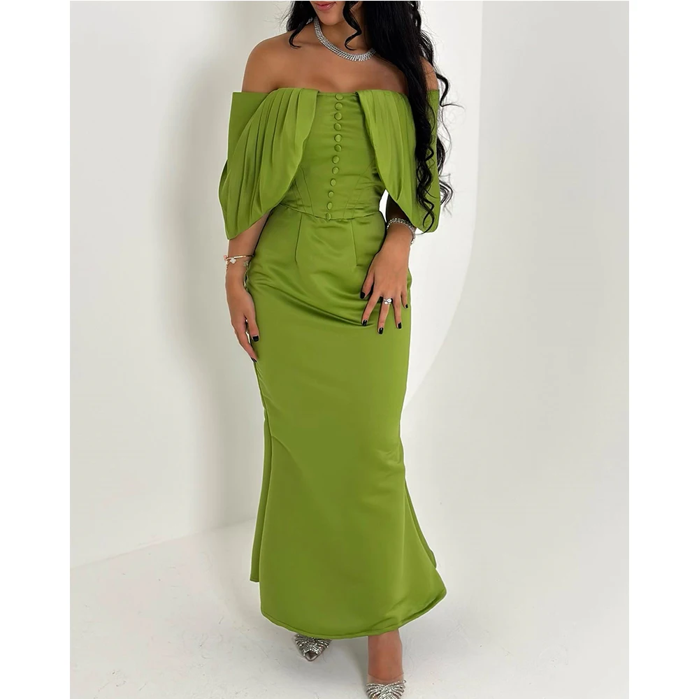 

Graceful Buttons Pleat Boat Neck Ankle Length Straight платье вечернее Jersey Off The Shoulder Girdling Vestidos Para Mujer