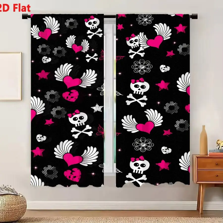 2Pcs Curtains 2D Flat Vibrant Kawaii Goth Repeating Pattern With Skulls Crossbones Winged Hearts Butterflies Stars And Floral Sh