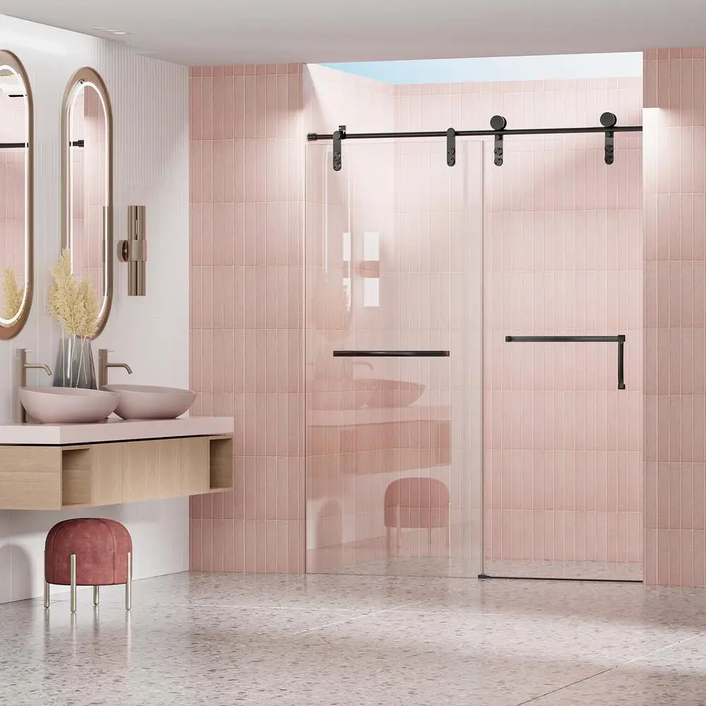 

Frameless Sliding Shower Door 56-60" W x 76" H 8mm Tempered Glass with Matte Black Stainless Steel Hardware Explosion-Proof