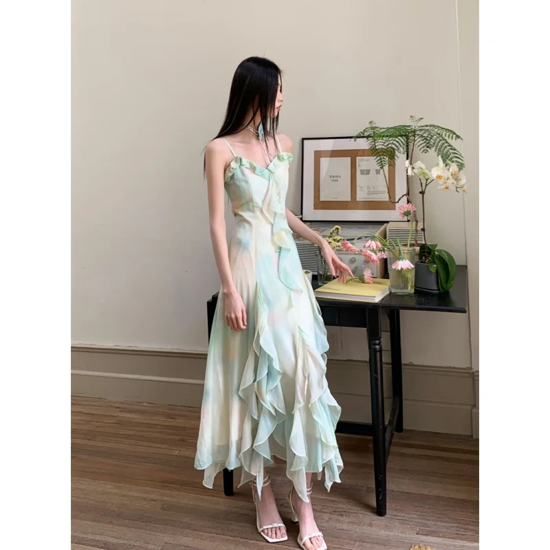 

Summer Printing Tie Dyed Green Women Academic Sling Style Spicy Girl Ruffled Edge Irregular A-line Skirt Elegant Ball Dress