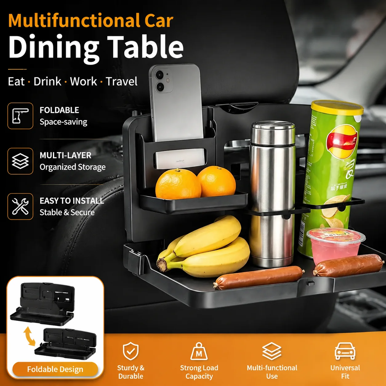 

Car Back Seat Food Tray with Phone & Cup Holder - Multi-Functional Dining Table Auto Interior Storage Accessory