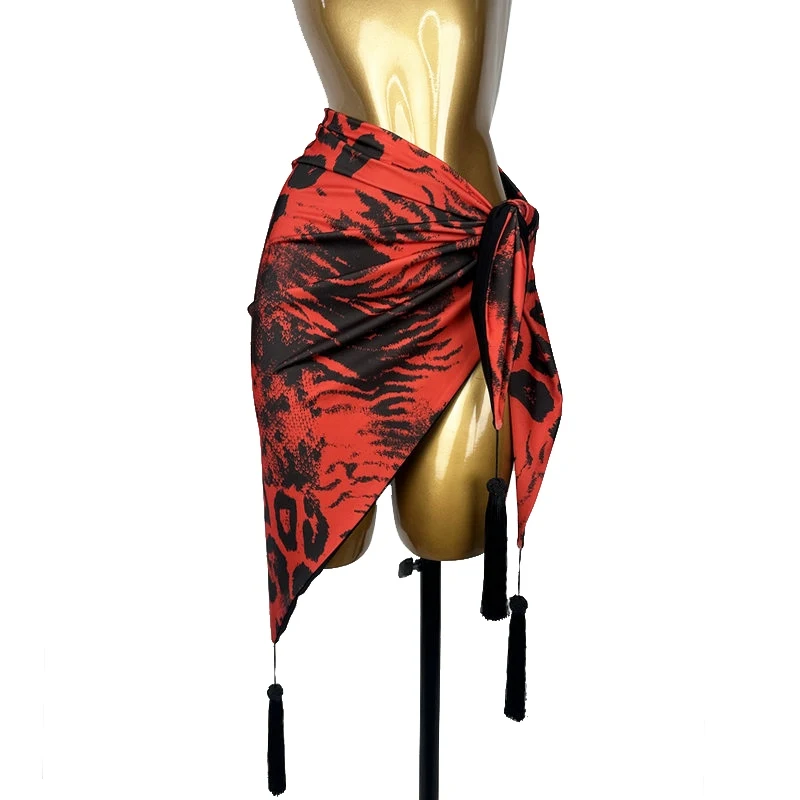 

Women's Latin Dance Short Skirt Red Leopard Print Hip Scarf Skirt Waltz Tango Training Clothes Adult Performance Skirt XH2024