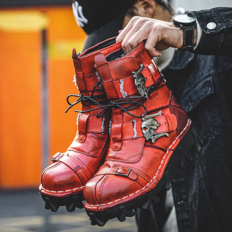 New Men\'s Genuine Leather Motorcycle Boots Tactical Combat Boots Mid-calf Gothic Skull Boots Red Punk Cowboy Boots Buckle Strap