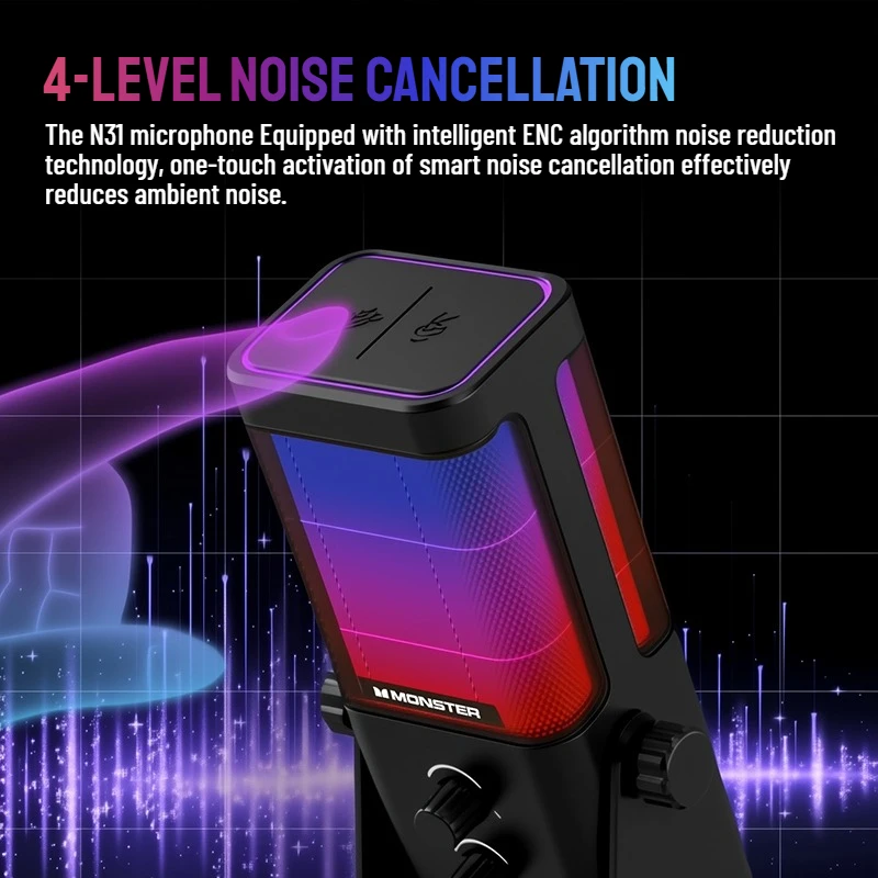 Monster Soundbase N31 Microphone de jeu USB, micro à condensateur hypercardioïde avec bouton muet pour la doublage de diffusion en direct de jeu