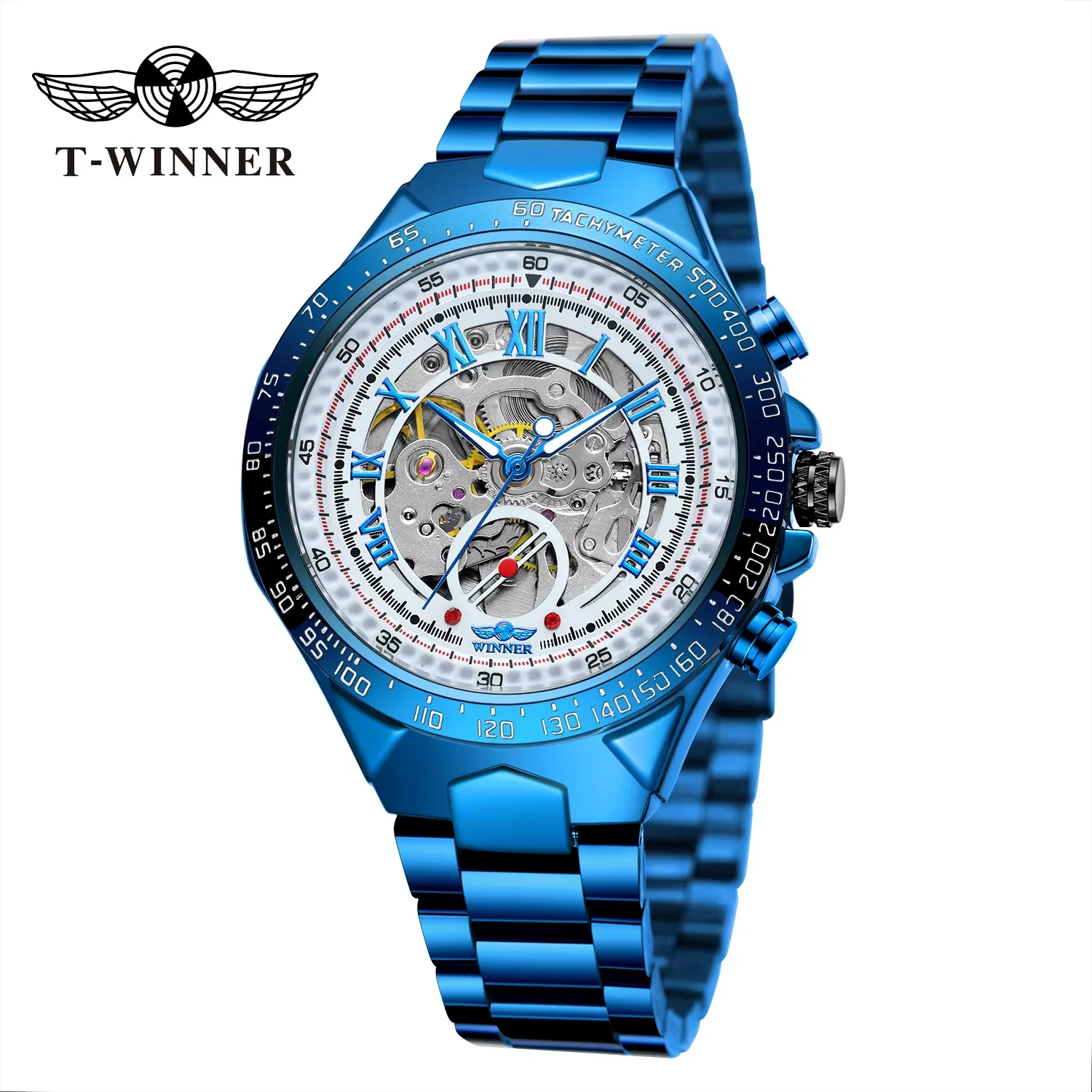 

T-winner Round Steel Band Wrist Watch Blue Mechanical Watch Men's Watch