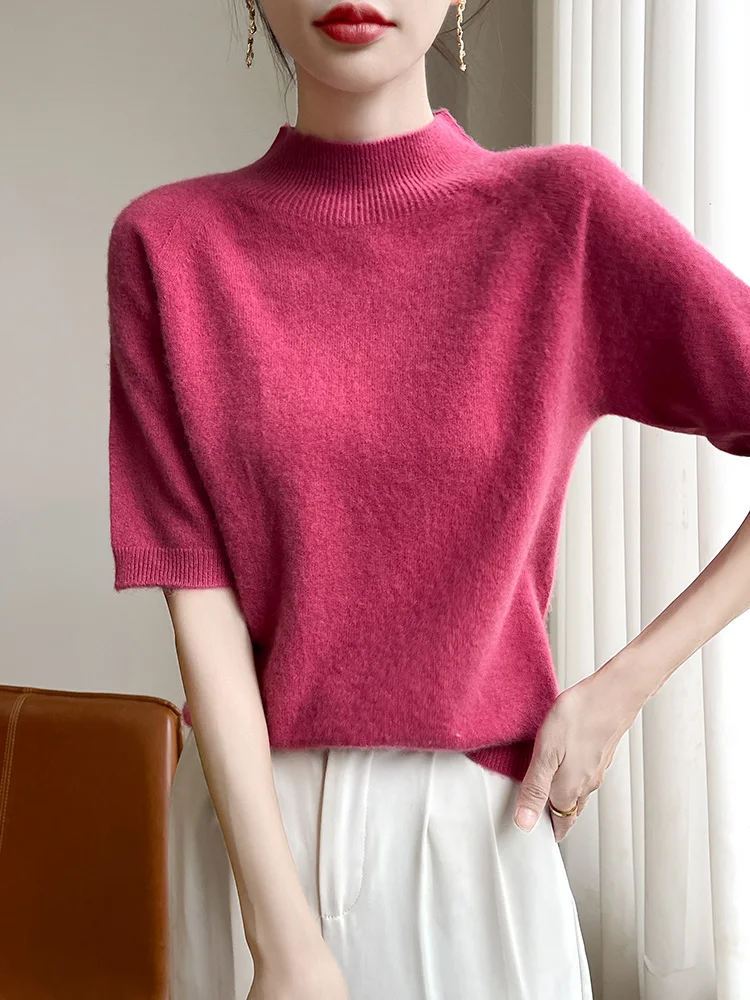Short Sleeve Women Sweater Basics 30% Merino Wool Female Knitted Pullover Summer Clothing Tops Solid Casual Mock Neck T Shirts - Image 6