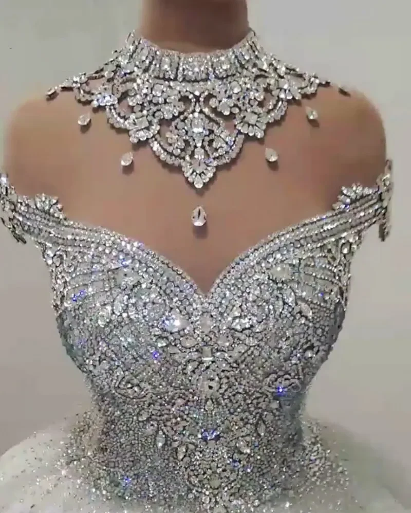 

Sparkle Crystal Wedding Dress 2026 Bridal Gowns For Bride High Neck Cap Sleeves Beaded Princess Vestidos De Noiva