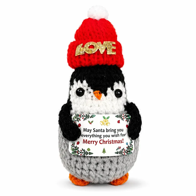 Funny Crochet Positive Energy Penguin Doll with Card Home Room Decoration Handmade Knitted Penguin Ornament Christmas Gifts