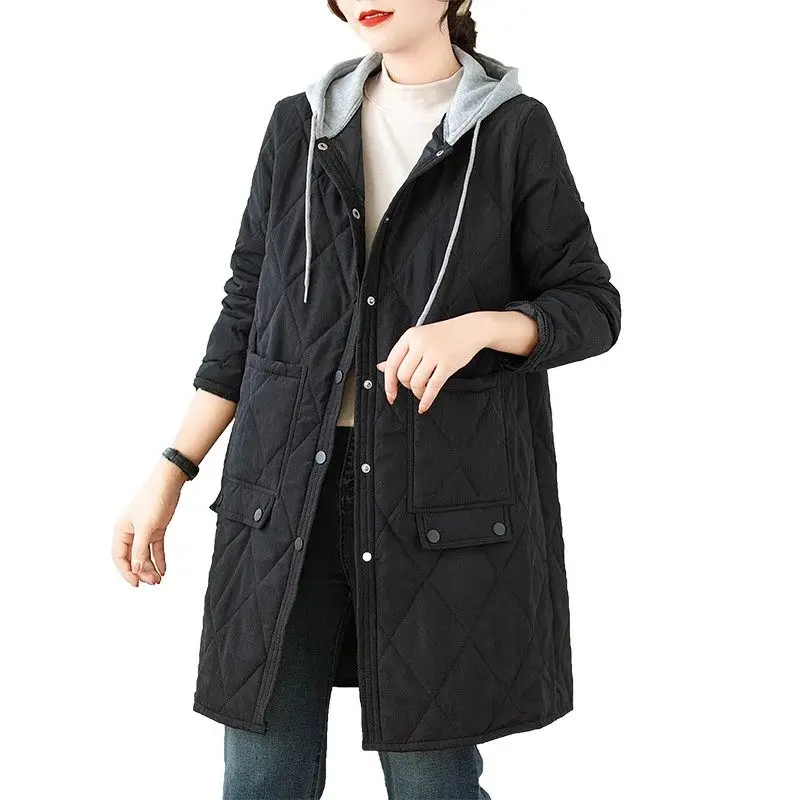 Casual Quilted Clothes 2023 Autumn Winter Down Cotton Jacket Women\'s Mid Length Diamond Plaid Loose Large Size Hooded Coat Z3097