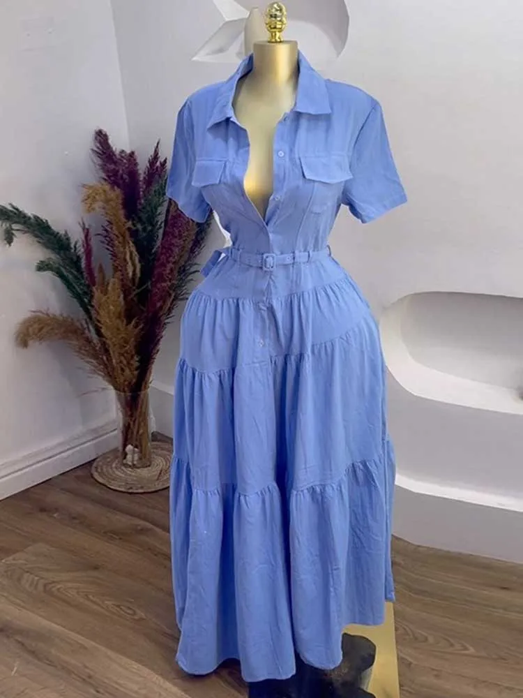 Kleid Hemd Knöpfe Frauen Einfarbig Casual Kurzarm Hohe Taille Langes Kleid EINE Linie Elegante Modest Französisch Kleid Gürtel