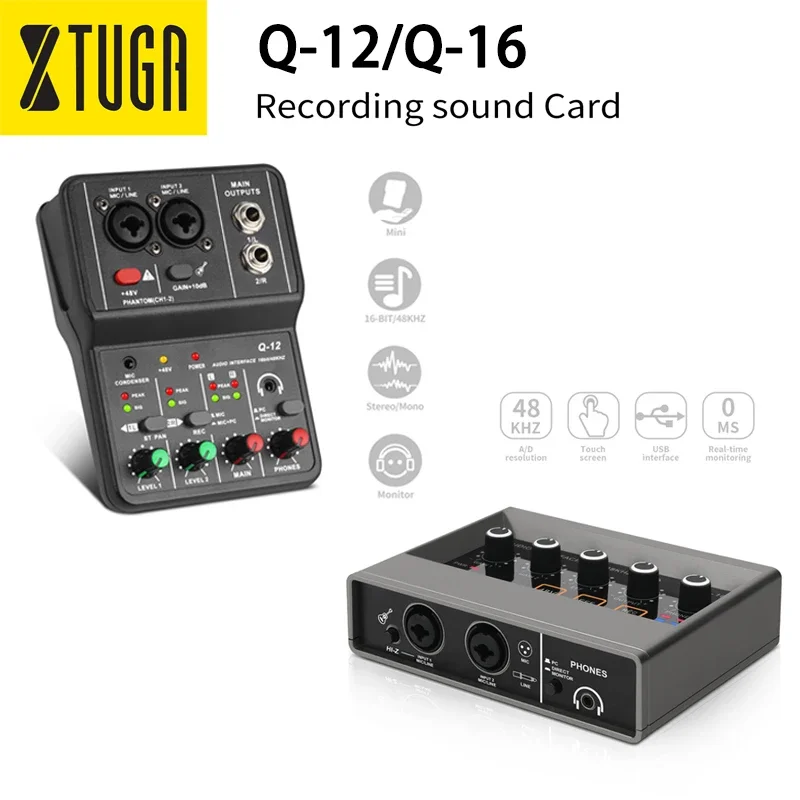 

XTUGA Professional Monitoring 2 Channel Portable Audio Interface Sound Card Console Mini USB MIXER For Beginner Studio Singing