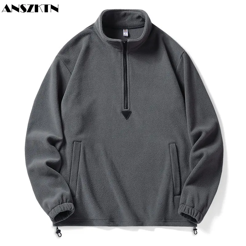 ANSZKTN Shake grain fleece sweatshirt turtleneck hooded men's autumn and winter solid black pullover embroidered sweatshirt