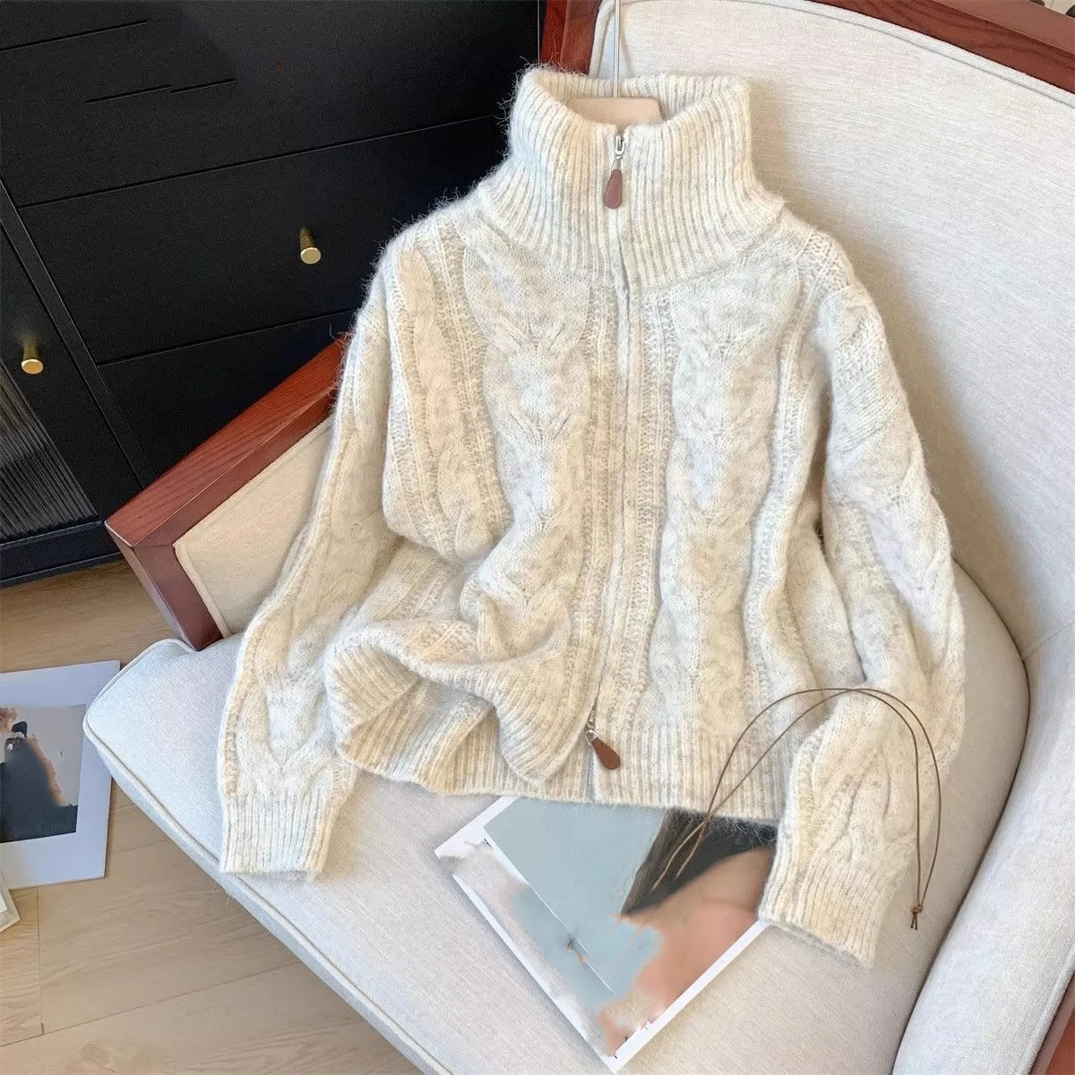 

Свободный простой офисный женский однотонный джемпер на молнии, новинка 2025, универсальные свитера меньшинств, теплый милый кардиган с цветком конопли, ленивый милый кардиган