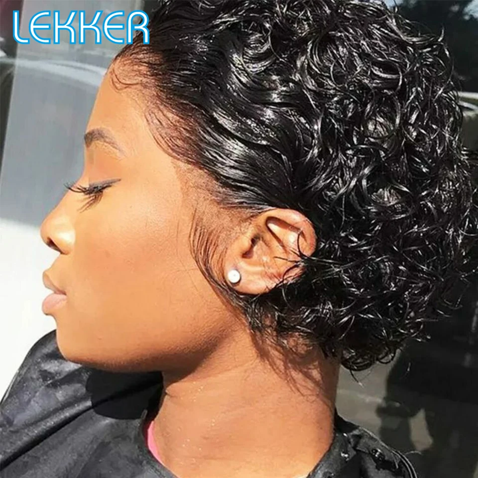 Lekker Pixie Cut Короткие Кудрявые Кудрявые Боб Человеческие Волосы 13X1 Прозрачный Парик Шнурка Для Женщин Бразильские Волосы Реми Предварительно Выщипанные Цветные