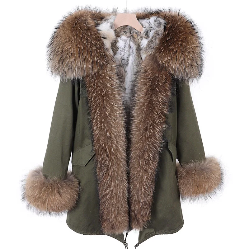 Maomaokong 2023 Parkas largas con cuello de piel de zorro grande de mapache Natural auténtico para mujer, chaqueta interior con forro de conejo para invierno, abrigo de piel, prendas de vestir exteriores